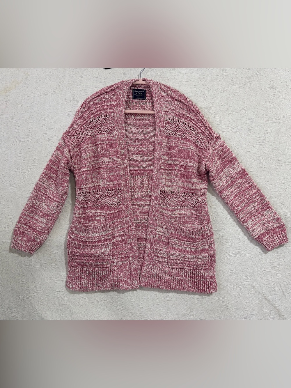 Abercrombie & Fitch Pink and White Marled Knit Cardigan with Pockets
